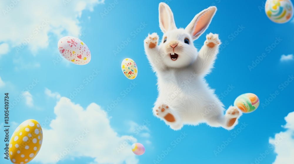 A funny, cute Easter bunny joyfully jumps, tossing colorful Easter eggs into the bright blue sky. The cheerful scene captures holiday spirit and celebration in a playful moment.