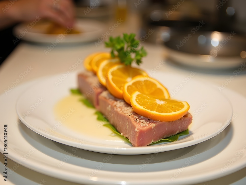 Delightful tuna dish garnished with orange slices on a white plate in a gourmet kitchen setting Delightful tuna dish garnished with orange slices on a white plate in a gourmet kitchen setting