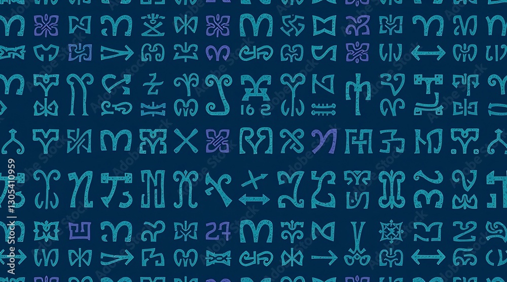 Ancient Script: An intricate pattern of stylized, abstract characters in a vibrant color palette forms a unique and intriguing background, creating a visual language.