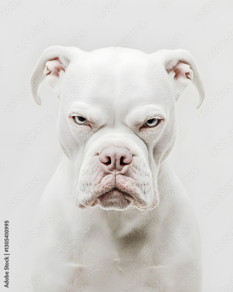 Close-up portrait of a white Pitbull dog against white color background Close-up portrait of a white Pitbull dog against white color background