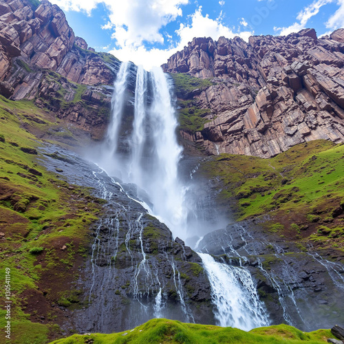 The Towering Waterfall And Mountainous Landscape Of Iceland