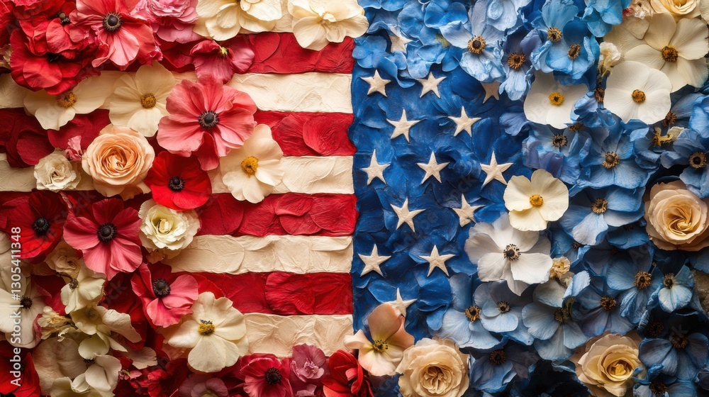 Obraz premium Flowers Arranged as a Flag. Red and Blue Petals. White Stars. Floral Design. Festive Colors. Bright and Cheerful. Background Pattern. Flat Lay Decoration.