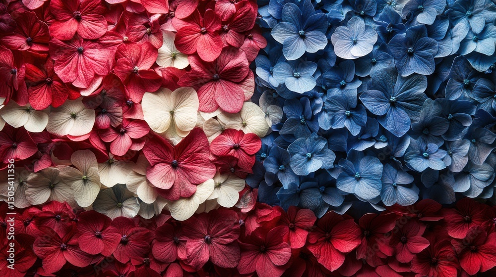 Obraz premium Hydrangea flower pattern. Red white and blue floral design. Many blossoms arranged closely. Colorful flowers background. Petals create texture. Plant life close up.