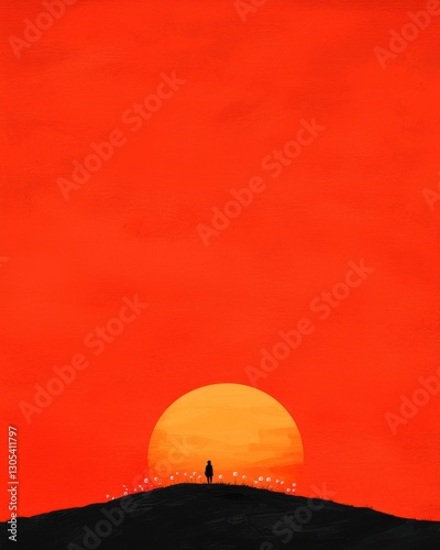 Wallpaper Mural Solitary Figure Standing on Hilltop as Giant Sun Sets Over Horizon, Warm Colors Torontodigital.ca