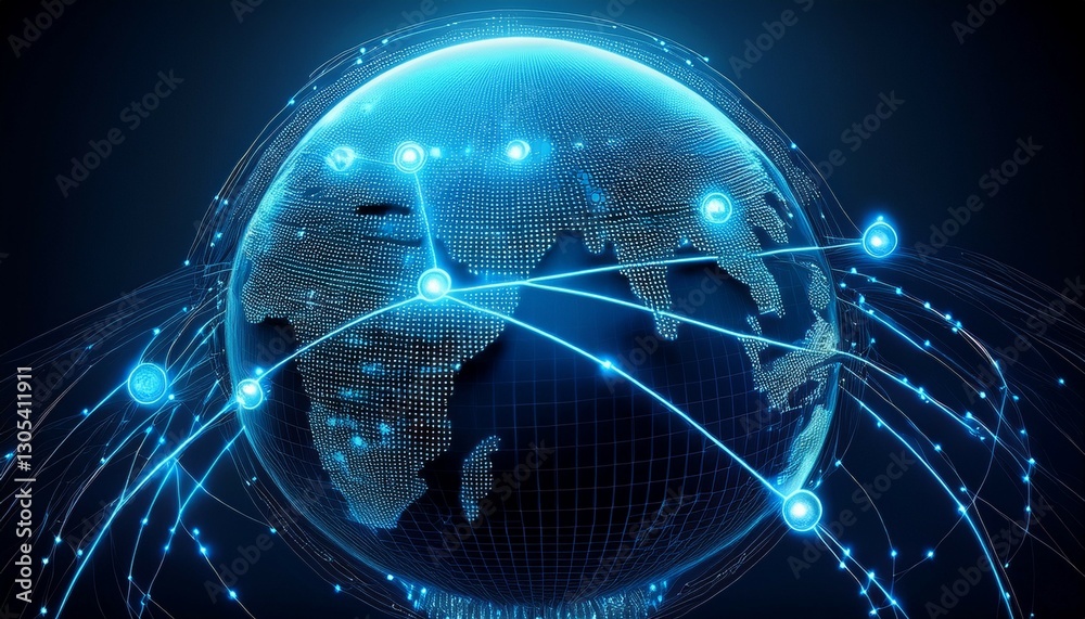 Fototapeta premium a digital rendering of a blue glowing earth with lines connecting different locations