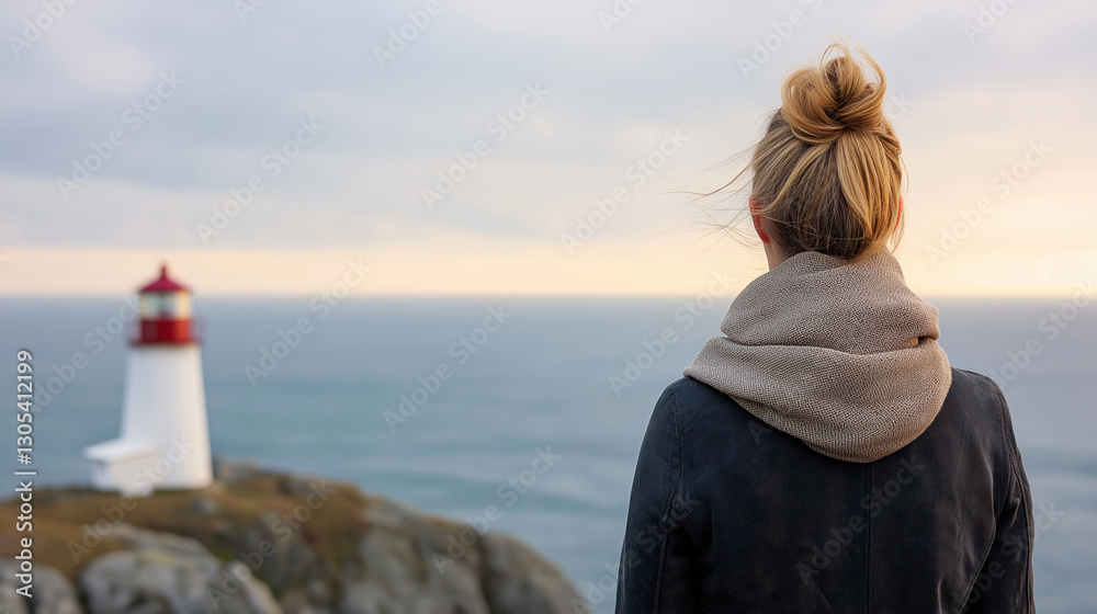 Fototapeta premium Blonde woman wearing silk scarf, gazing serenely at lighthouse during golden sunset, capturing coastal tranquility and maritime beauty