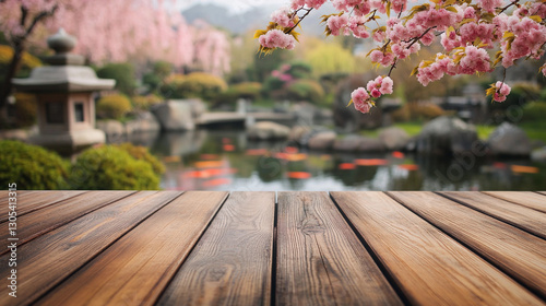 Empty wood top table with Japanese garden, koi pond and stone lantern with cherry blossoms in the background. For product display placement montag, summer background, the scene,presentation