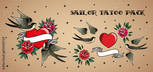 Vector Swallows with Heart Sailor Tattoo Set