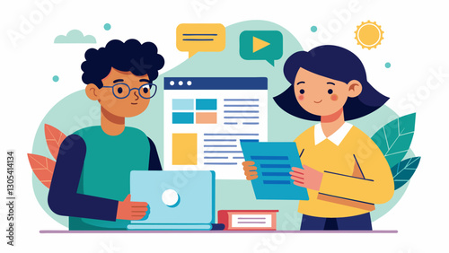 Two students designing the graphics and visuals for an eyecatching front page of the school newspaper.. Vector illustration