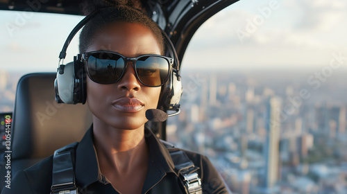 Female helicopter pilot wearing aviator sunglasses, headset secured, focusing intently while readying controls for urban flight mission