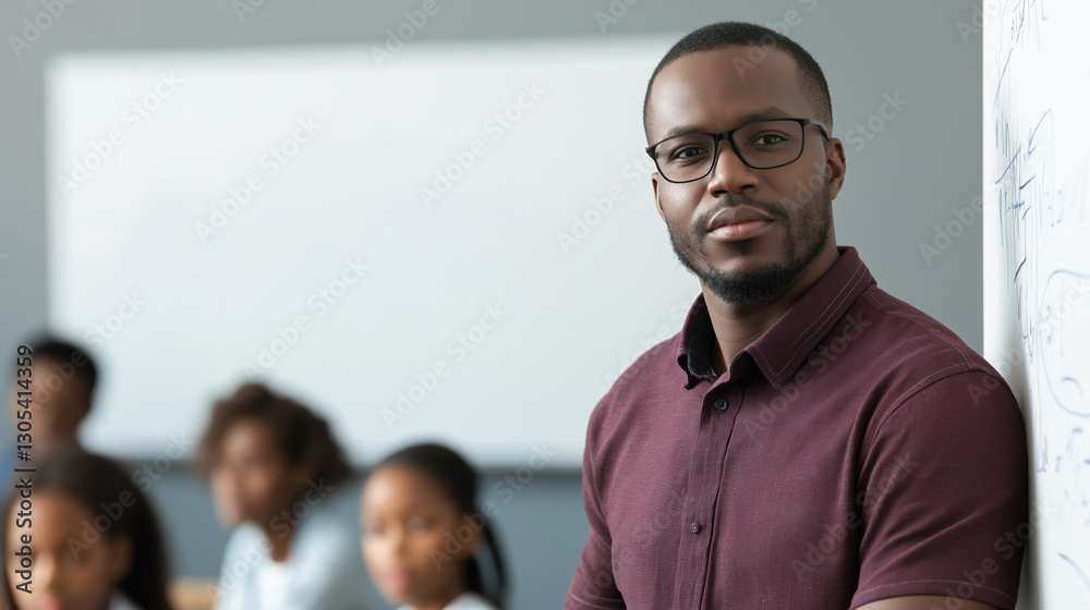 Obraz premium Black teacher demonstrating mathematical equations while standing near whiteboard, engaging diverse student group in classroom learning environment