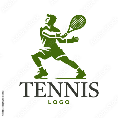 TENNIS LOGO - Logo minimalista de tenis en blanco y negro con silueta de jugador golpeando la pelota. Diseño limpio y moderno, listo para vectorizar y personalizar.