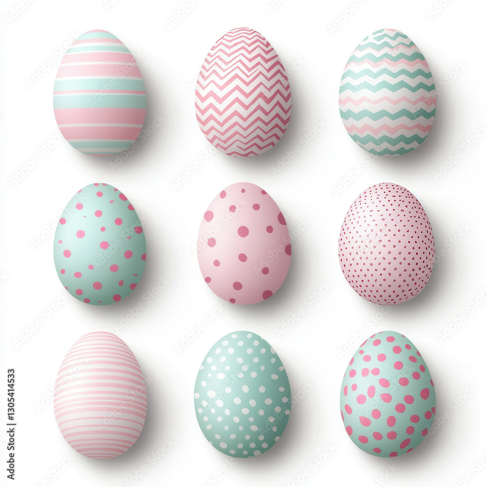 Colorful Easter eggs with various patterns arranged in grid. These decorative elements are perfect for spring celebrations and holiday decorations, evoking festive atmosphere