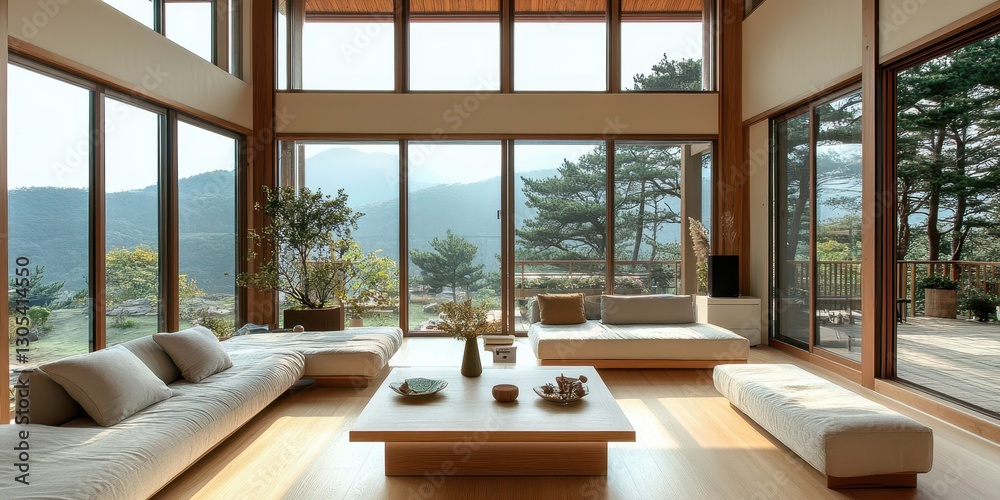 Fototapeta premium A modern living room with expansive mountain and tree views