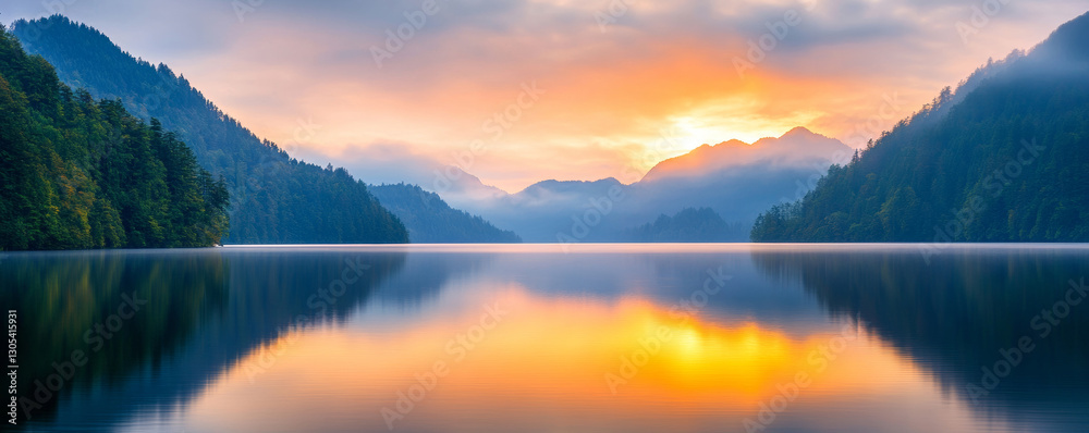 Fototapeta premium Stunning sunrise illuminating a tranquil mountain lake, creating a beautiful reflection of the colorful sky and surrounding nature