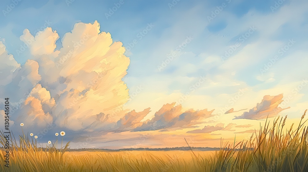 Obraz premium Golden Field and Dramatic Clouds at Sunset, Serene Sky Landscape Scene, Summer Day