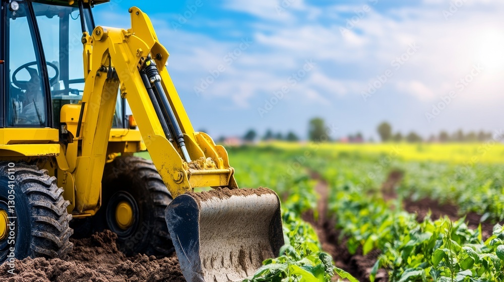 Yellow excavator working in a lush green field during a sunny day with blue sky Yellow excavator working in a lush green field during a sunny day with blue sky