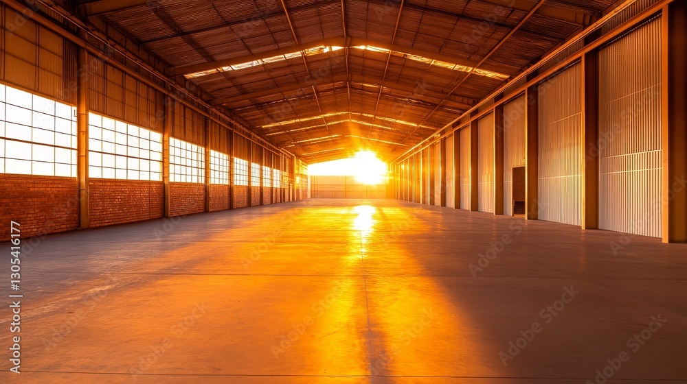 Sunlight streaming into an empty warehouse with warm tones and spacious interior design Sunlight streaming into an empty warehouse with warm tones and spacious interior design