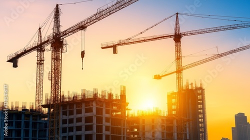 Construction crane silhouetted against a vibrant sunset over a developing urban skyline