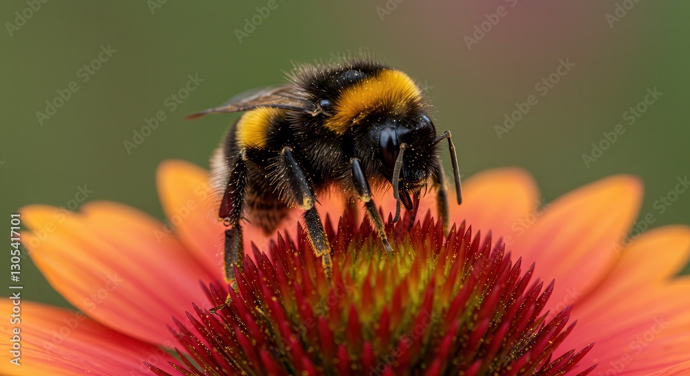 Bumblebee Pollinating Orange Flower Close Up in Natural Green Garden Bumblebee Pollinating Orange Flower Close Up in Natural Green Garden