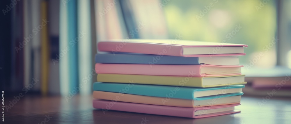 A stack of pastel-colored books sits on a wooden table, with a softly blurred, sunlit window in the background. A stack of pastel-colored books sits on a wooden table, with a softly blurred, sunlit window in the background.