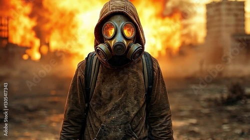 Desolate survivor in a gas mask navigates a post-apocalyptic wasteland with skeletal buildings looming in the background.