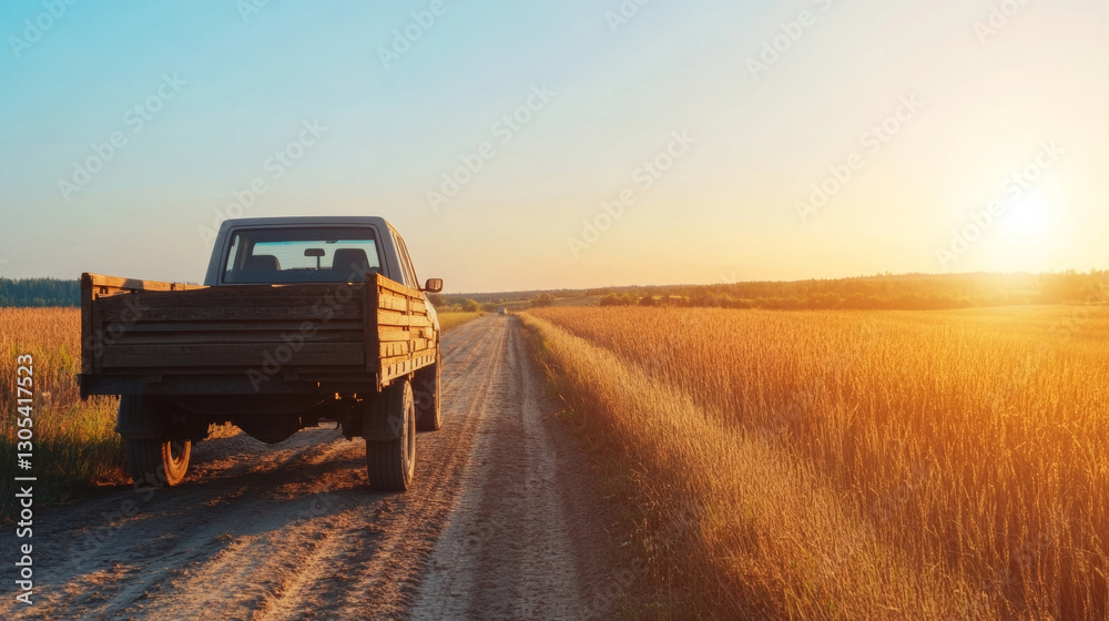 Fototapeta premium Old pickup truck is driving down a dirt road next to a wheat field at sunset in a rural landscape