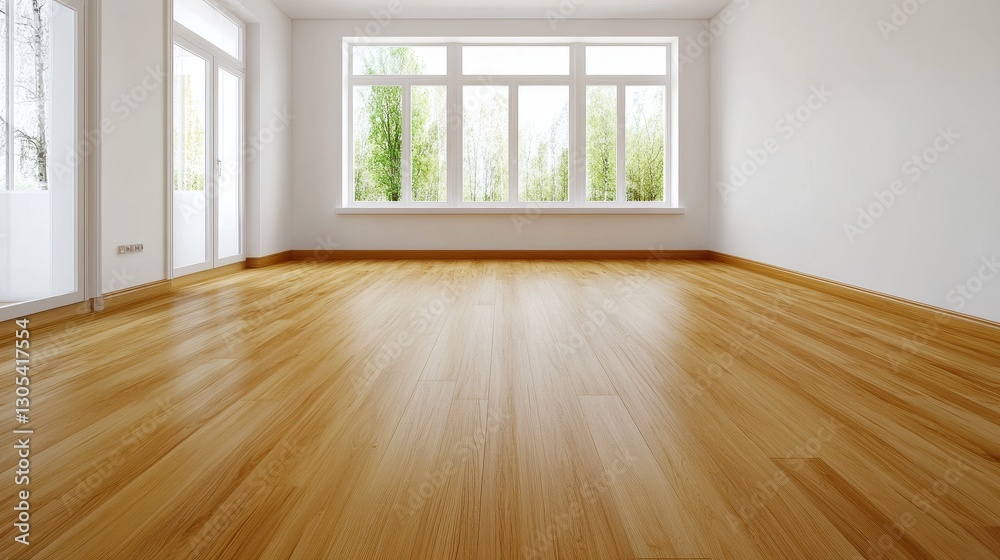 Bright and spacious empty living room with wooden flooring and large windows overlooking greenery