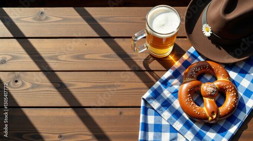 Traditional oktoberfest celebration with beer, pretzel, and bavarian hat on wooden table bathed in sunlight