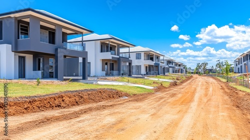 Modern residential development showcasing new homes along a dirt road under a bright blue sky