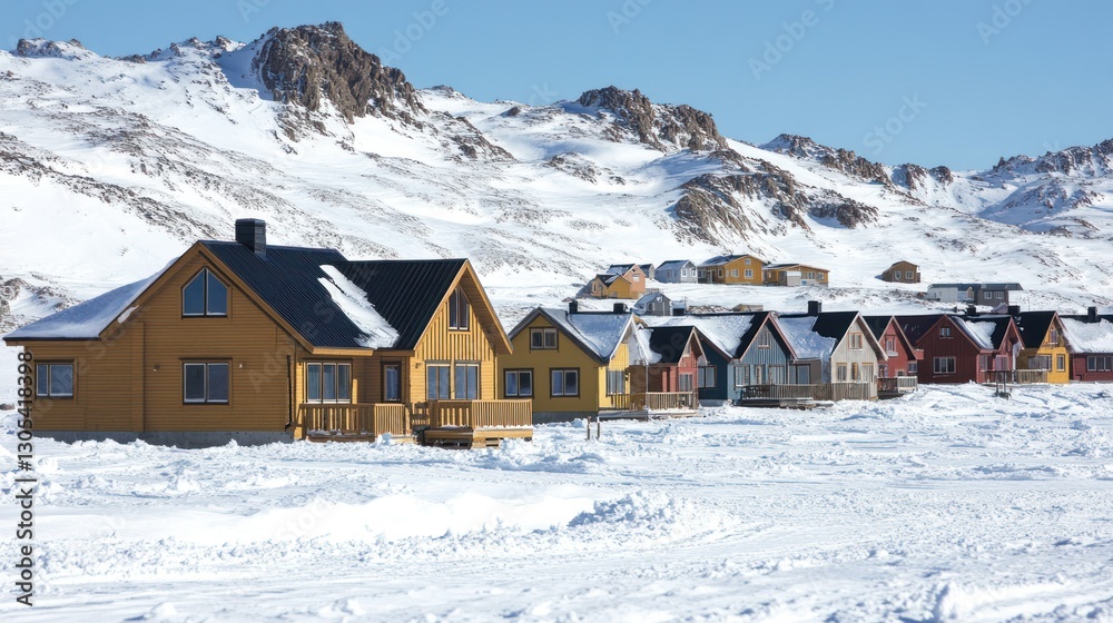 Colorful arctic houses in snowy mountains Colorful arctic houses in snowy mountains