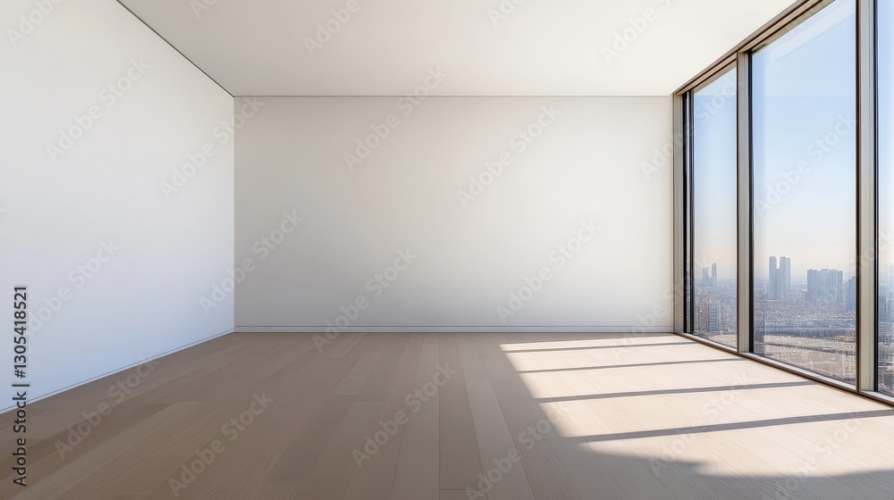 Minimalist interior of a modern apartment with large windows showcasing a city skyline Minimalist interior of a modern apartment with large windows showcasing a city skyline