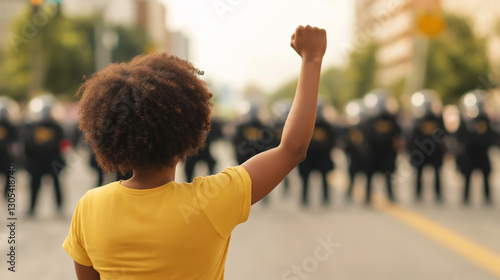 African American woman standing with raised fist, back turned, facing riot police line during civil rights protest or demonstration photo