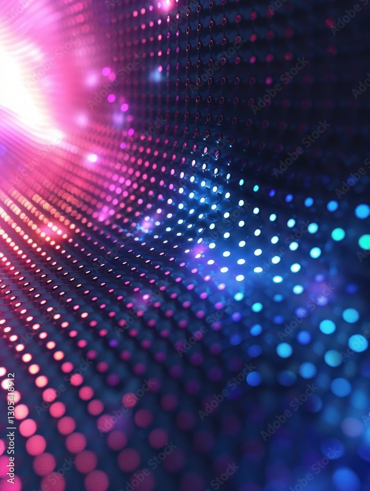 Obraz premium Glowing neon dots scatter across a dark background, creating a vivid cyberpunk pattern with radiant magentas and blues