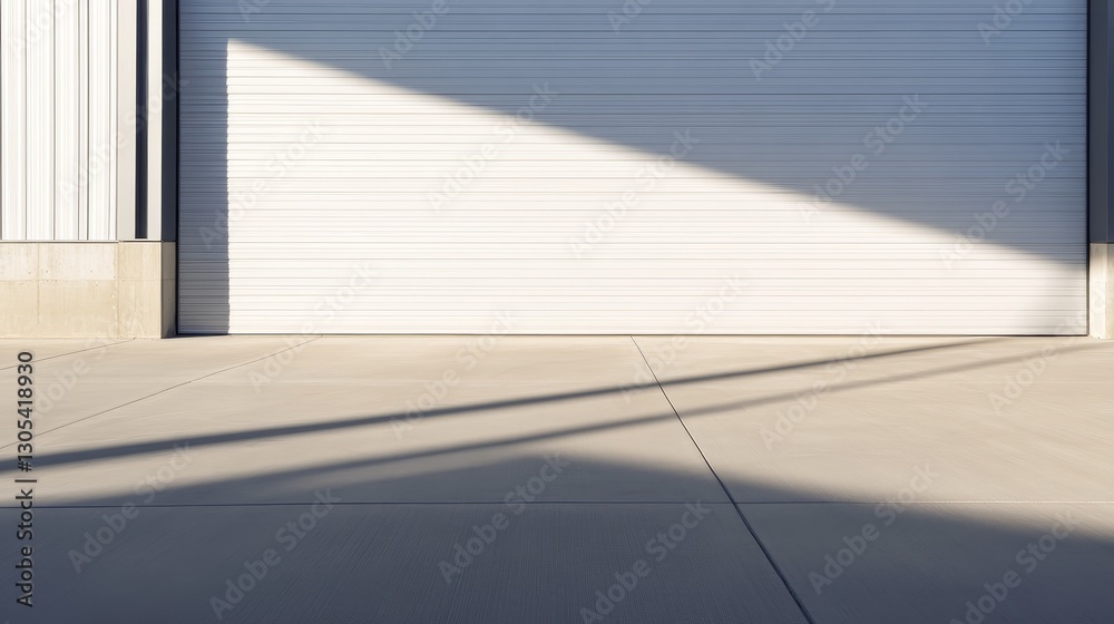 Sunlight casting shadows on a clean, industrial garage door with smooth concrete flooring Sunlight casting shadows on a clean, industrial garage door with smooth concrete flooring