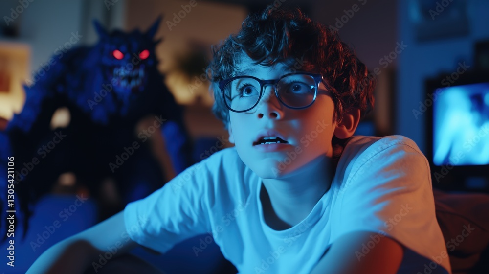 Scared child watching horror movie with monster lurking behind Scared child watching horror movie with monster lurking behind