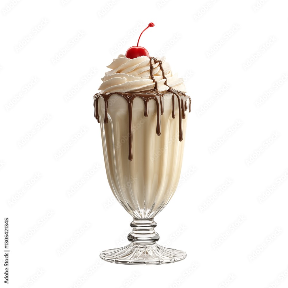 A milkshake with realistic texture, whipped cream, and cherry on top, with lighting effects and reflections, isolated on a white background. A milkshake with realistic texture, whipped cream, and cherry on top, with lighting effects and reflections, isolated on a white background.