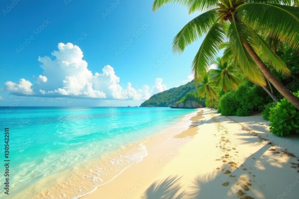 Golden sand, crystal clear water, lush palm grove, clear water, serene Golden sand, crystal clear water, lush palm grove, clear water, serene