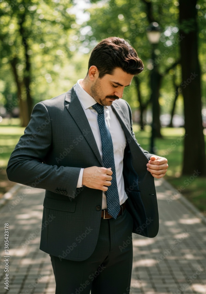 Businessman Adjusting Suit Park Setting Businessman Adjusting Suit Park Setting