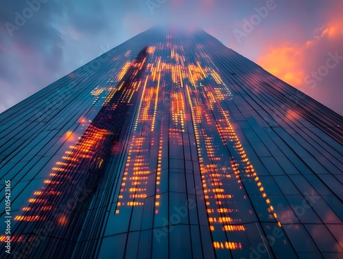 Wallpaper Mural Futuristic Skyscraper Illuminated at Night with Abstract Digital Lighting and Glowing Code Pattern Torontodigital.ca