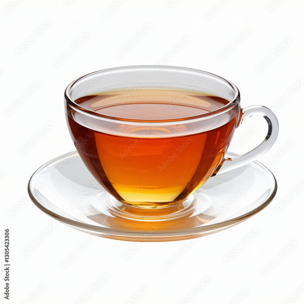 Clear Glass Teacup with Amber-Colored Tea on Glass Saucer. Clear Glass Teacup with Amber-Colored Tea on Glass Saucer.