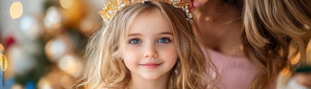 Young Girl in Crown Smiling with Christmas Decor in Soft Focus Young Girl in Crown Smiling with Christmas Decor in Soft Focus