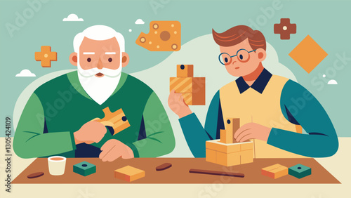 The DIY Workshop for woodworking challenges seniors to create intricate wooden puzzles enabling them to exercise their minds and hands.. Vector illustration