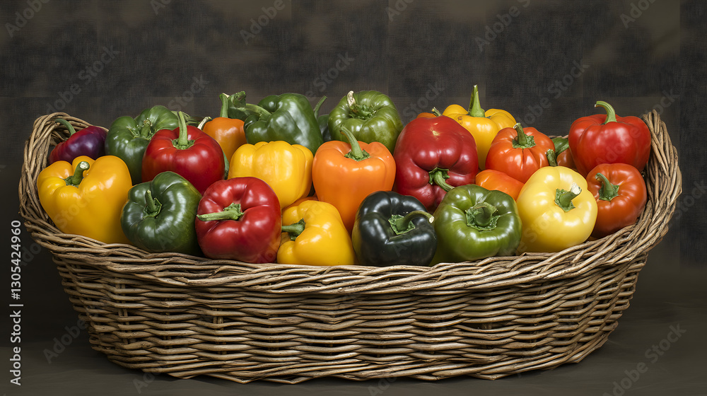 Freshly Harvested Organic Bell Peppers and Tomatoes in Wicker Basket, Healthy Eating Concept Photo Freshly Harvested Organic Bell Peppers and Tomatoes in Wicker Basket, Healthy Eating Concept Photo