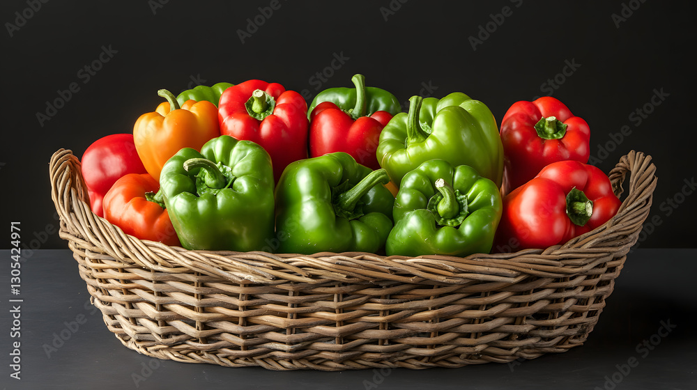 Bountiful Harvest: Fresh Organic Bell Peppers and Tomatoes in Wicker Basket, Farm-to-Table Concept Bountiful Harvest: Fresh Organic Bell Peppers and Tomatoes in Wicker Basket, Farm-to-Table Concept