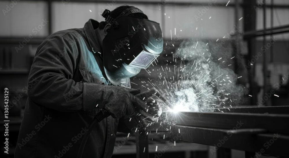Welder Focusing on Metal Job in Factory