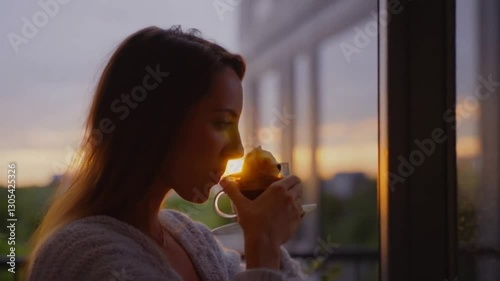 Un cremoso café en un precio atardecer a traves de la ventana	