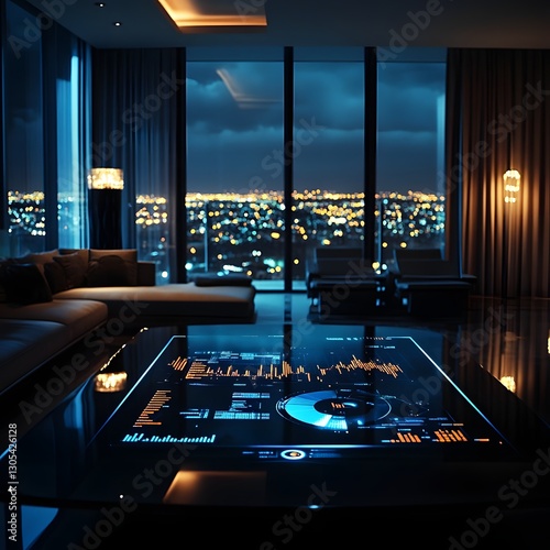 Luxurious Modern Home Office with Panoramic Night City Skyline View