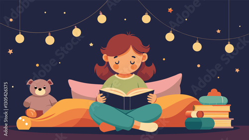 The soft glow of string lights above casts a warm ambiance as the child reads a classic tale while snuggled up in a pile of pillows.. Vector illustration