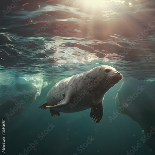A close-up of a playful seal swimming underwater near icebergs